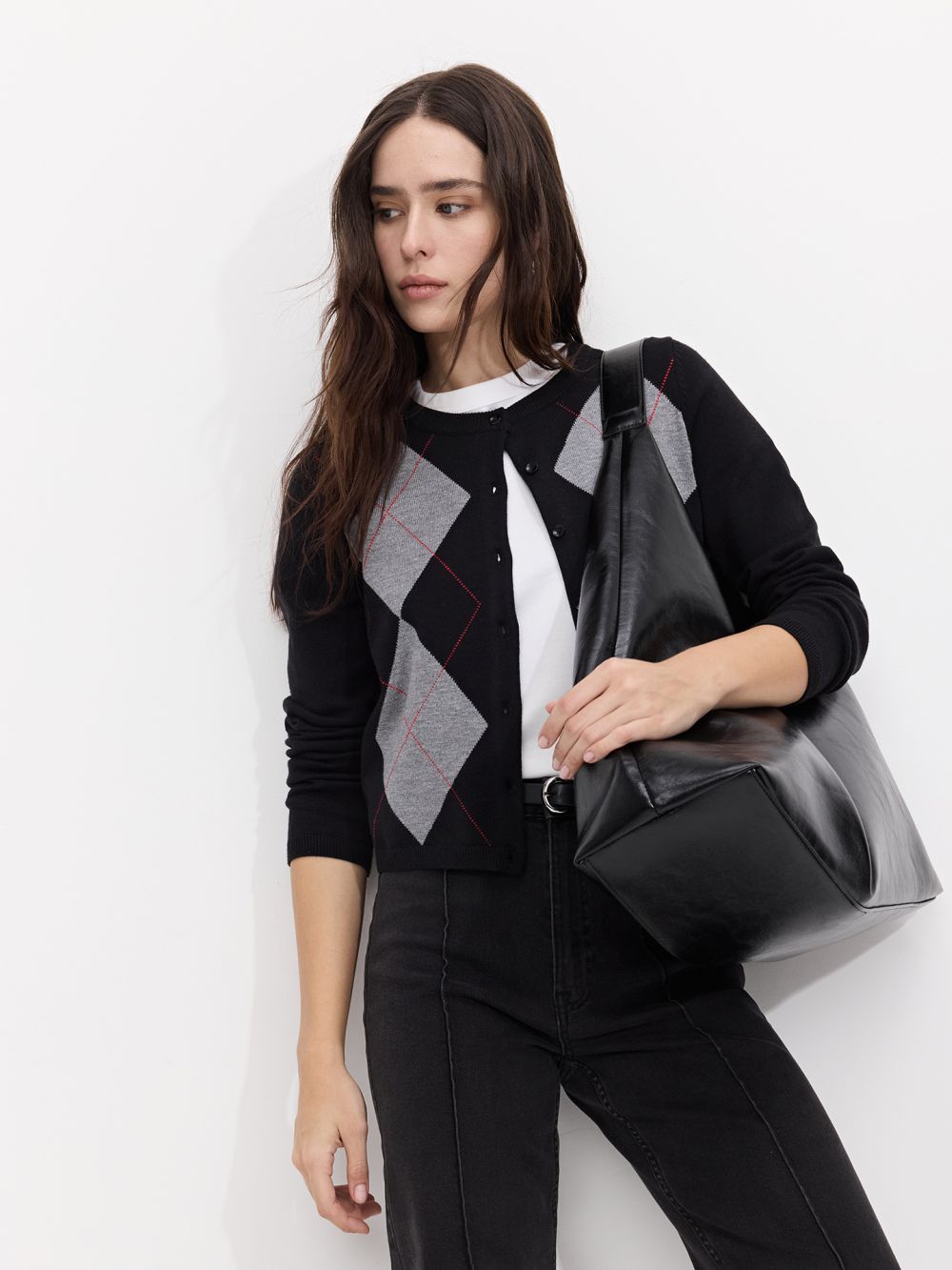 קרדיגן מכופתרת דפוס מעוינים