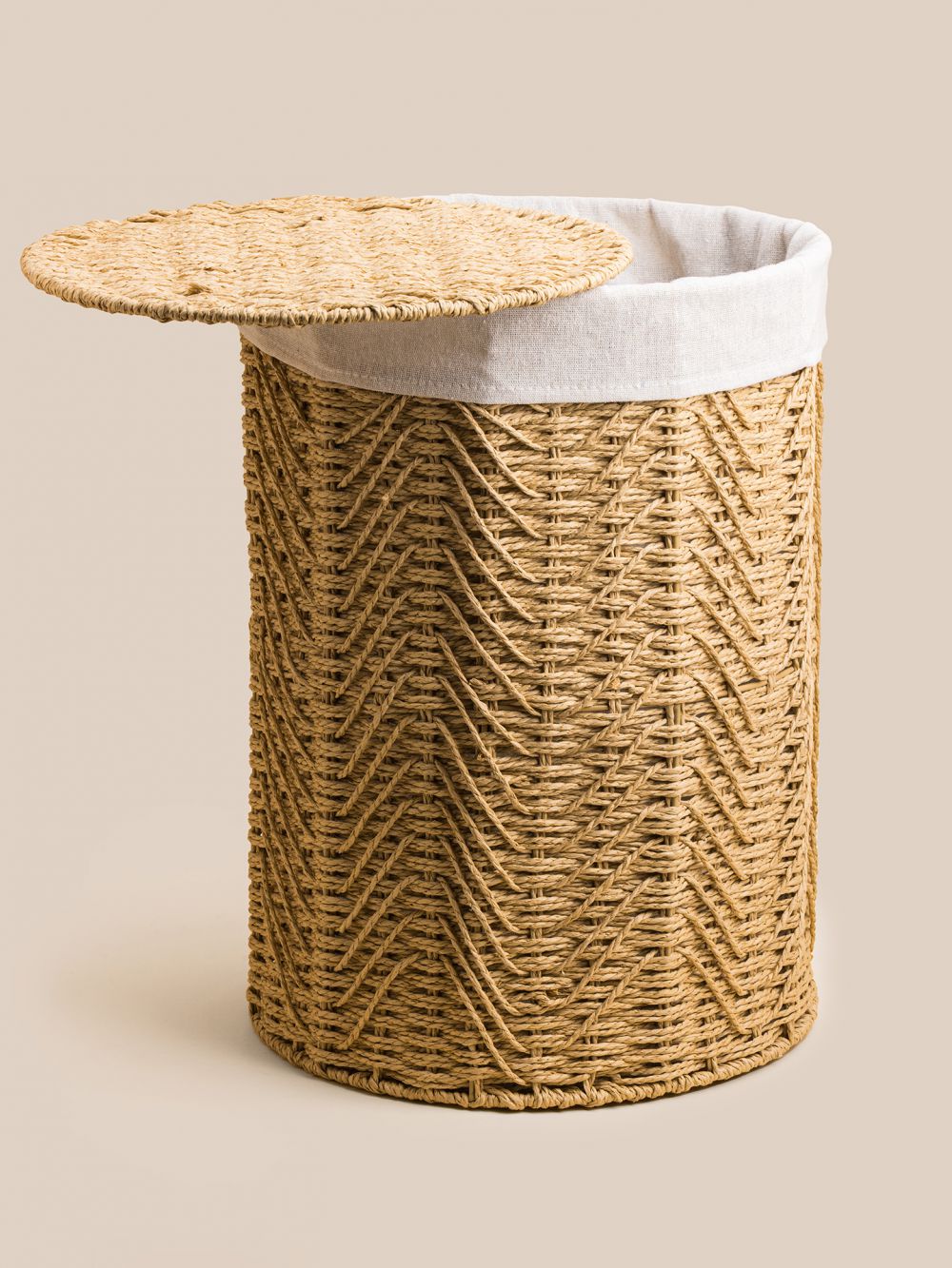 סל כביסה עגול מנייר עם ביטנת פשתן 50X54CM