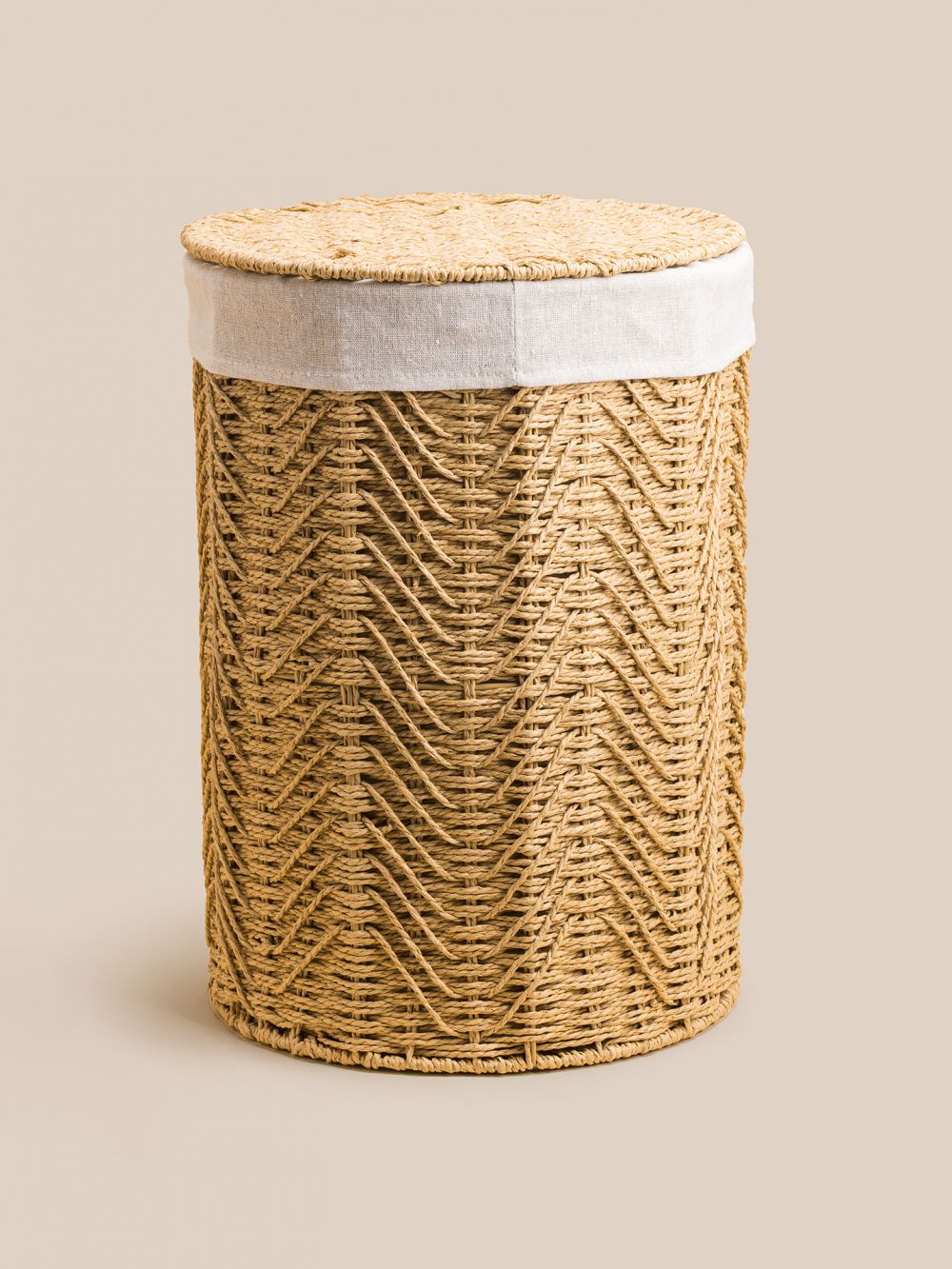 סל כביסה עגול  מנייר עם ביטנת פשתן 35X49CM