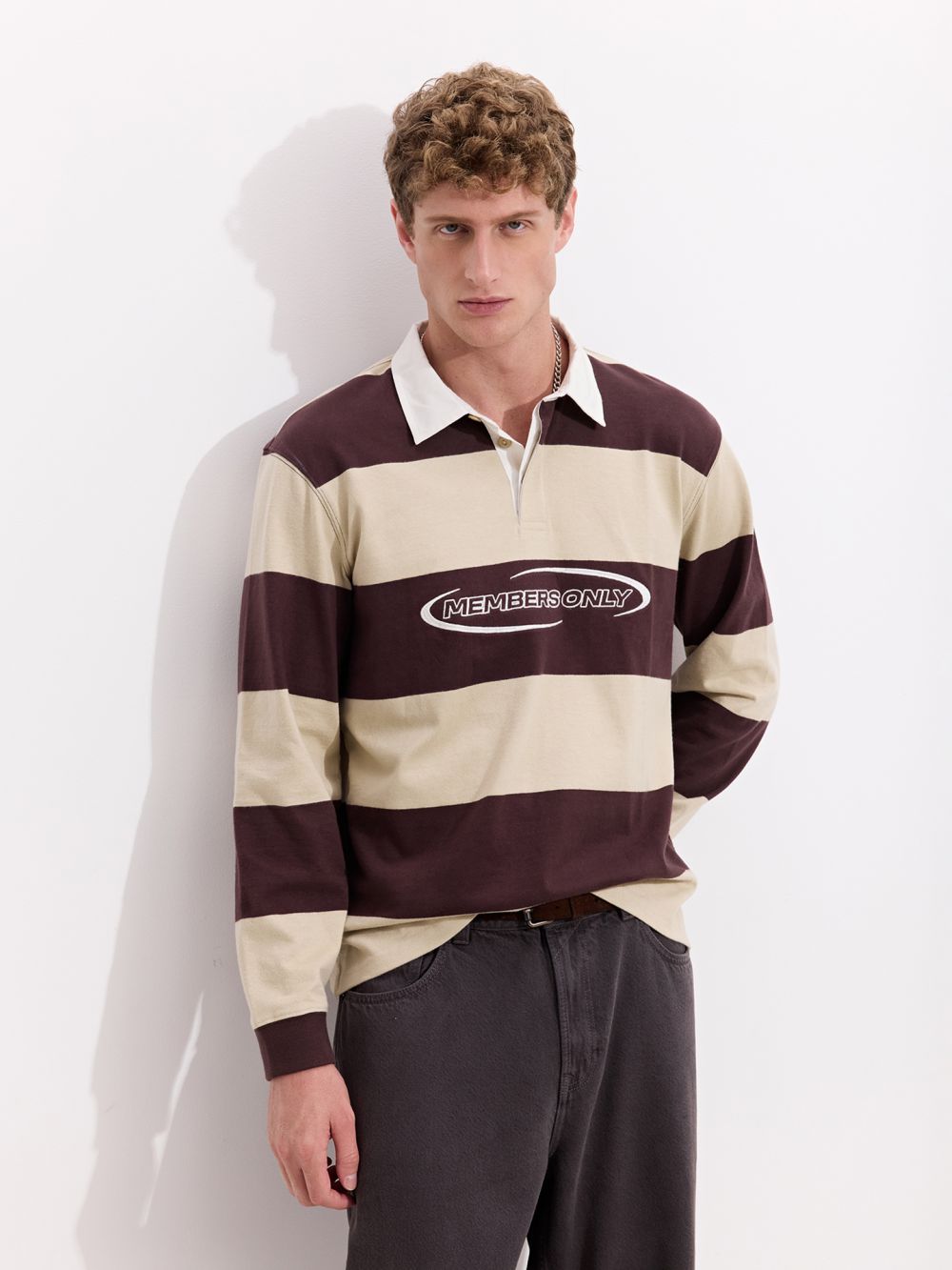 פולו פסים שרוול ארוך עם ריקמה קידמית