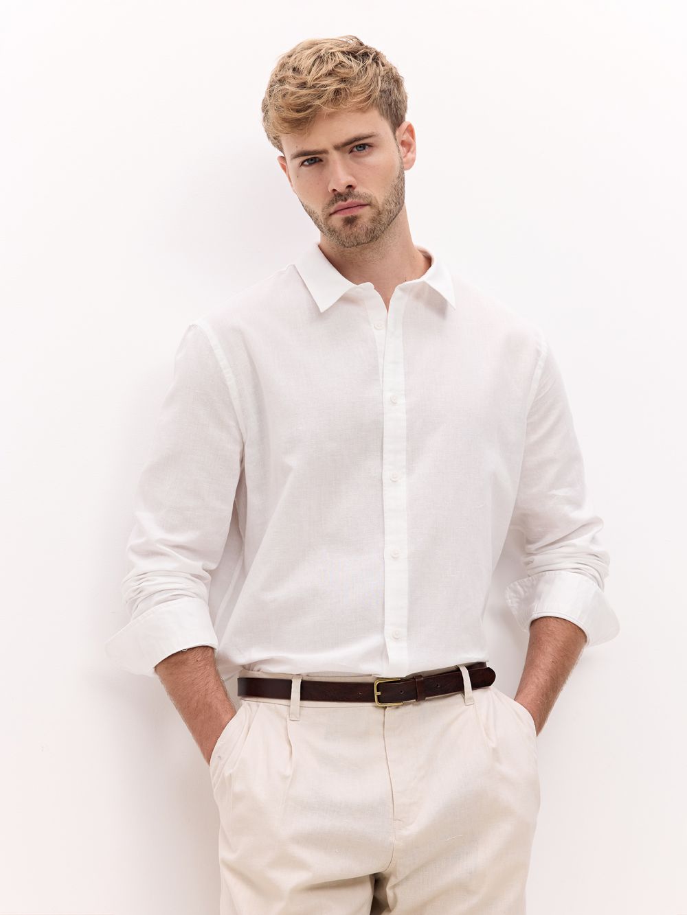 חולצה ארוכה מכובסת משולבת פשתן