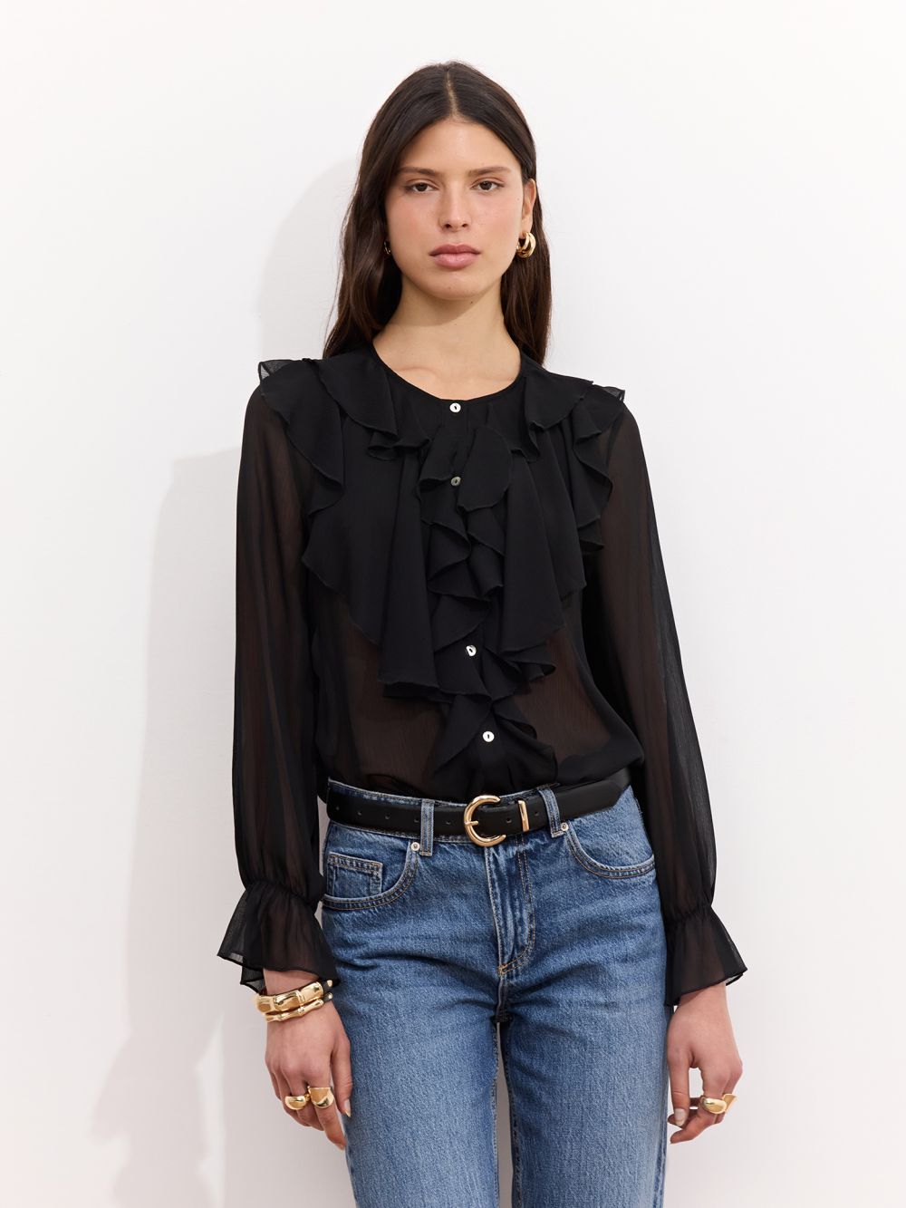 חולצת שיפון עם וולנים וקשירה