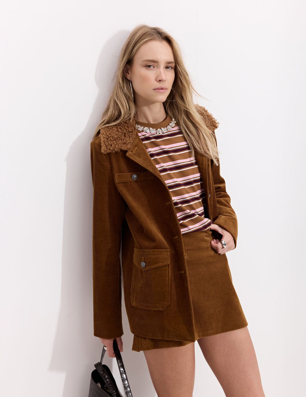 ג׳קט קורדרוי אוברסייז עם צווארון פרווה