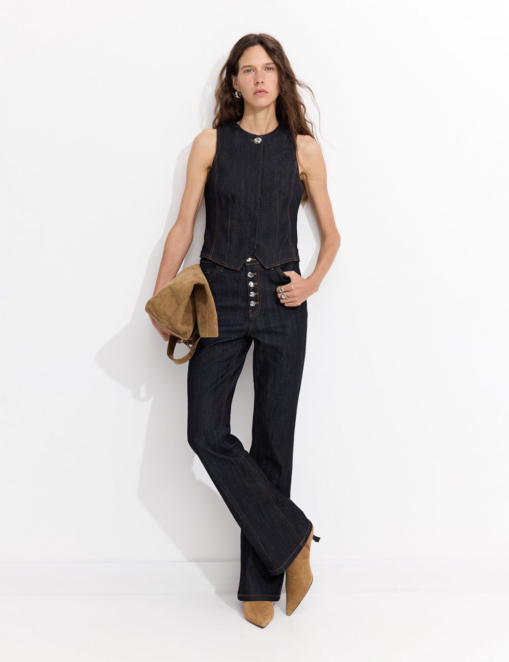 ג׳ינס בגזרה גבוהה FLARE וכפתורי כסף