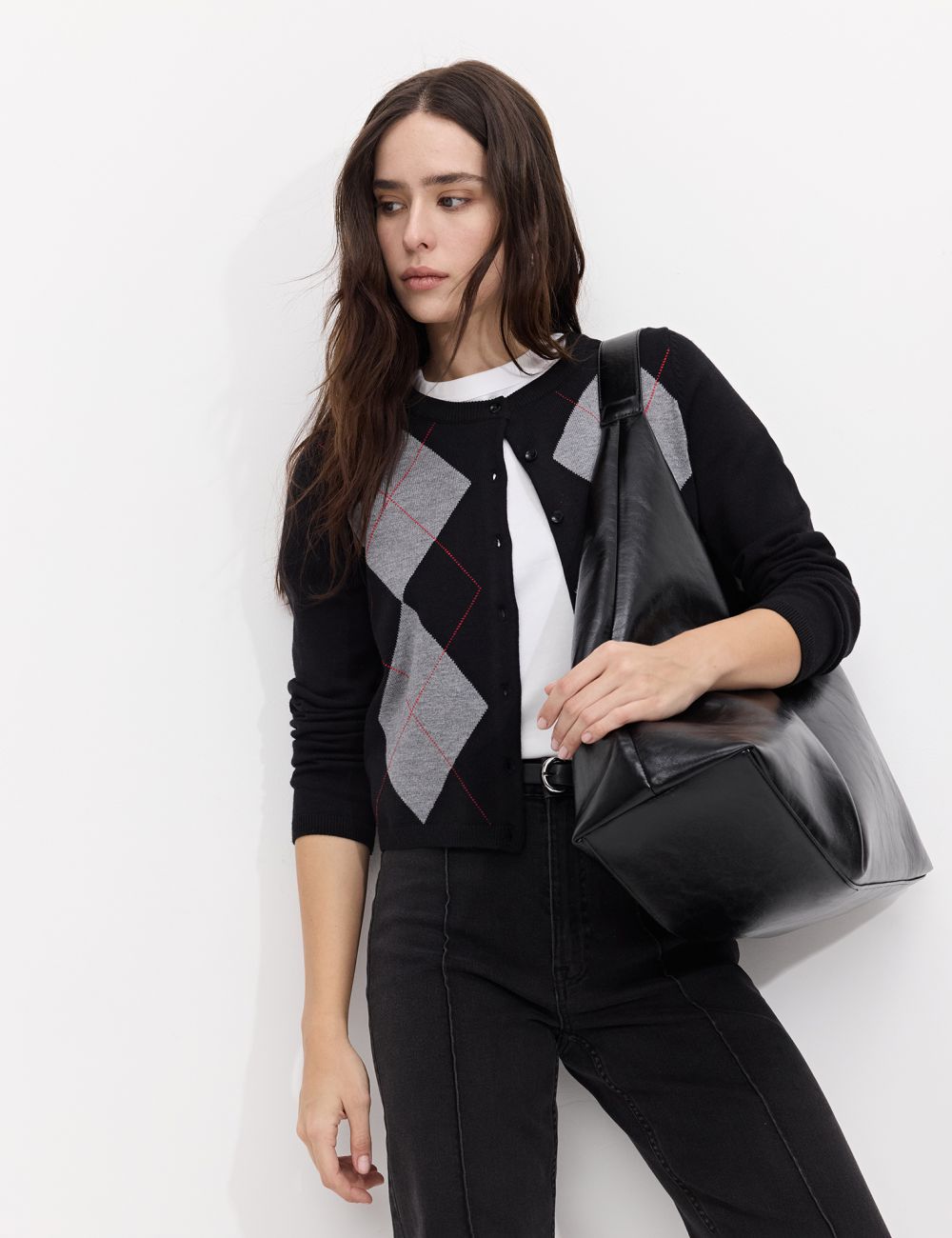 קרדיגן מכופתרת דפוס מעוינים