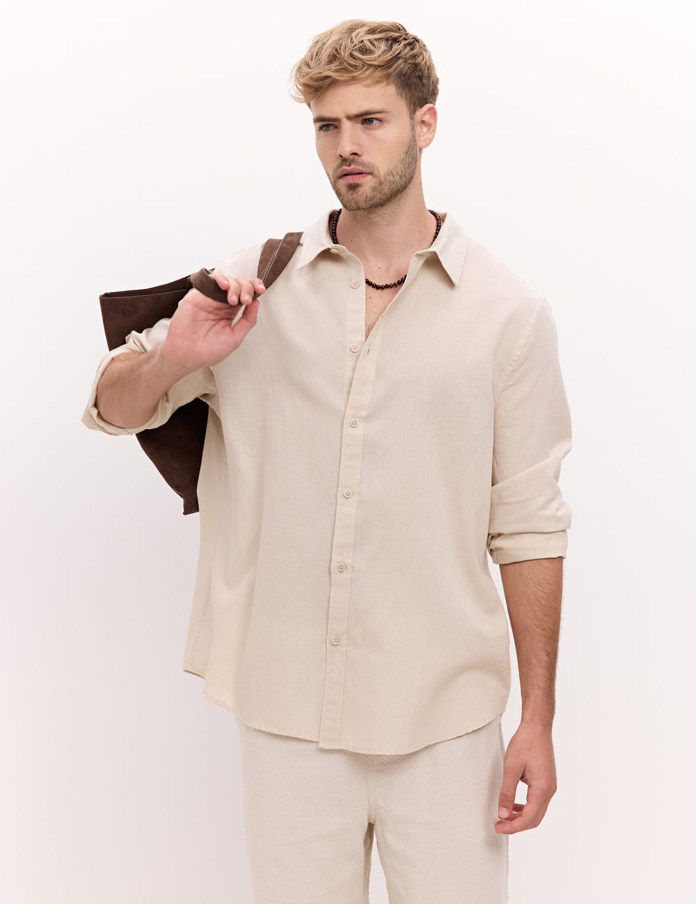 חולצה ארוכה מכובסת משולבת פשתן