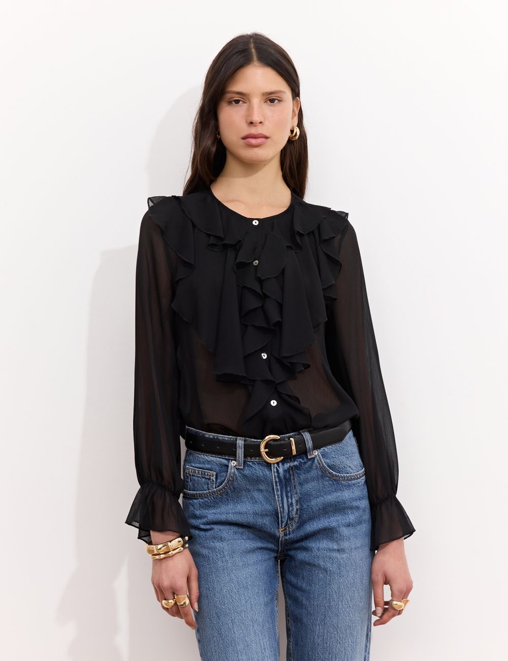 חולצת שיפון עם וולנים וקשירה