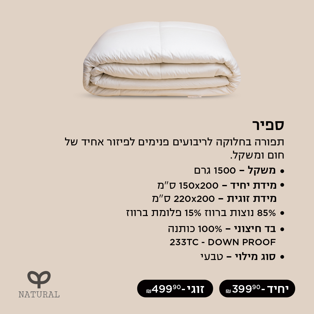 שמיכה ספיר תפורה בחלוקה לריבועים לפיזור אחיד של חום קנ עכשיו